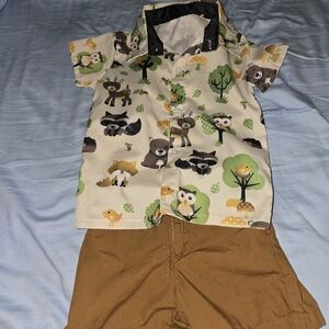 Kids Forest Animal Print Shirt and Brown Shorts Set
